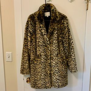 Leopard print faux fur coat.